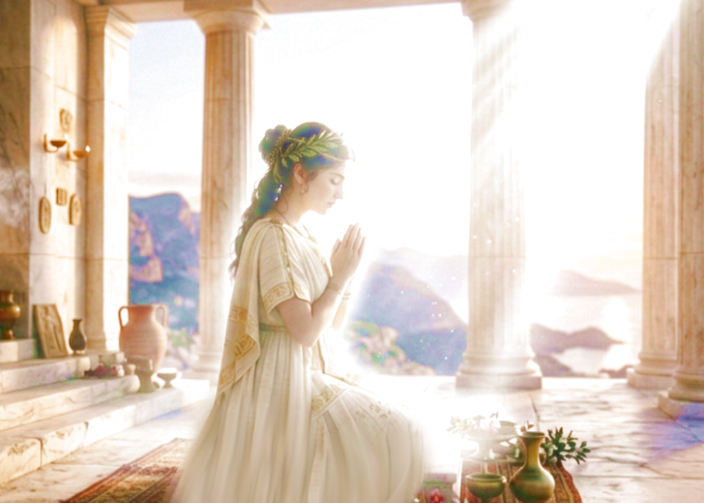 古代の神殿で祈りを捧げる